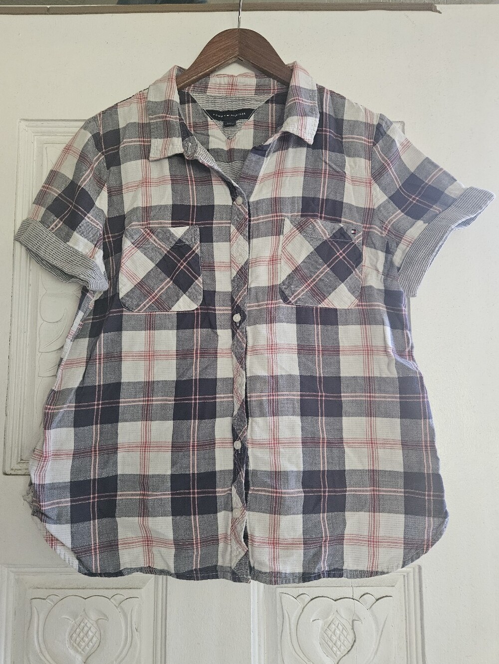 Tommy Hilfiger Navy, White & Red Plaid Button-Down Shirt Large